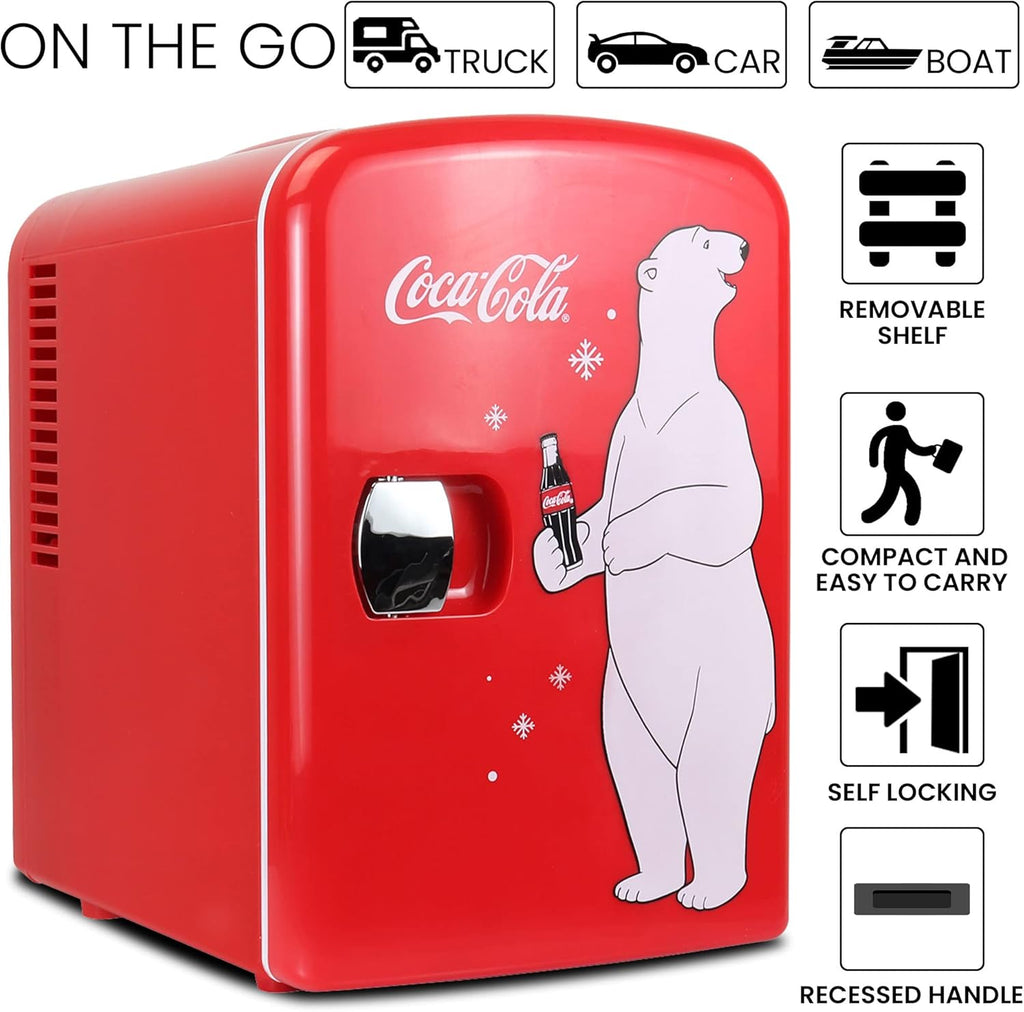 Coca-Cola 12V Portable 4L Cooler/Warmer, AC/DC Powered, Power Cords Included, Compact Travel Speaker and Personal Mini-Fridge, Unique Gift for Music-Lovers