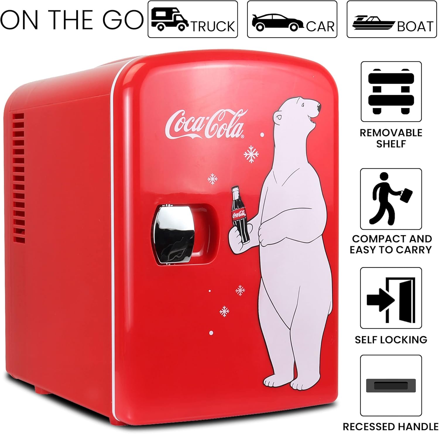 Coca-Cola 12V Portable 4L Cooler/Warmer, AC/DC Powered, Power Cords Included, Compact Travel Speaker and Personal Mini-Fridge, Unique Gift for Music-Lovers