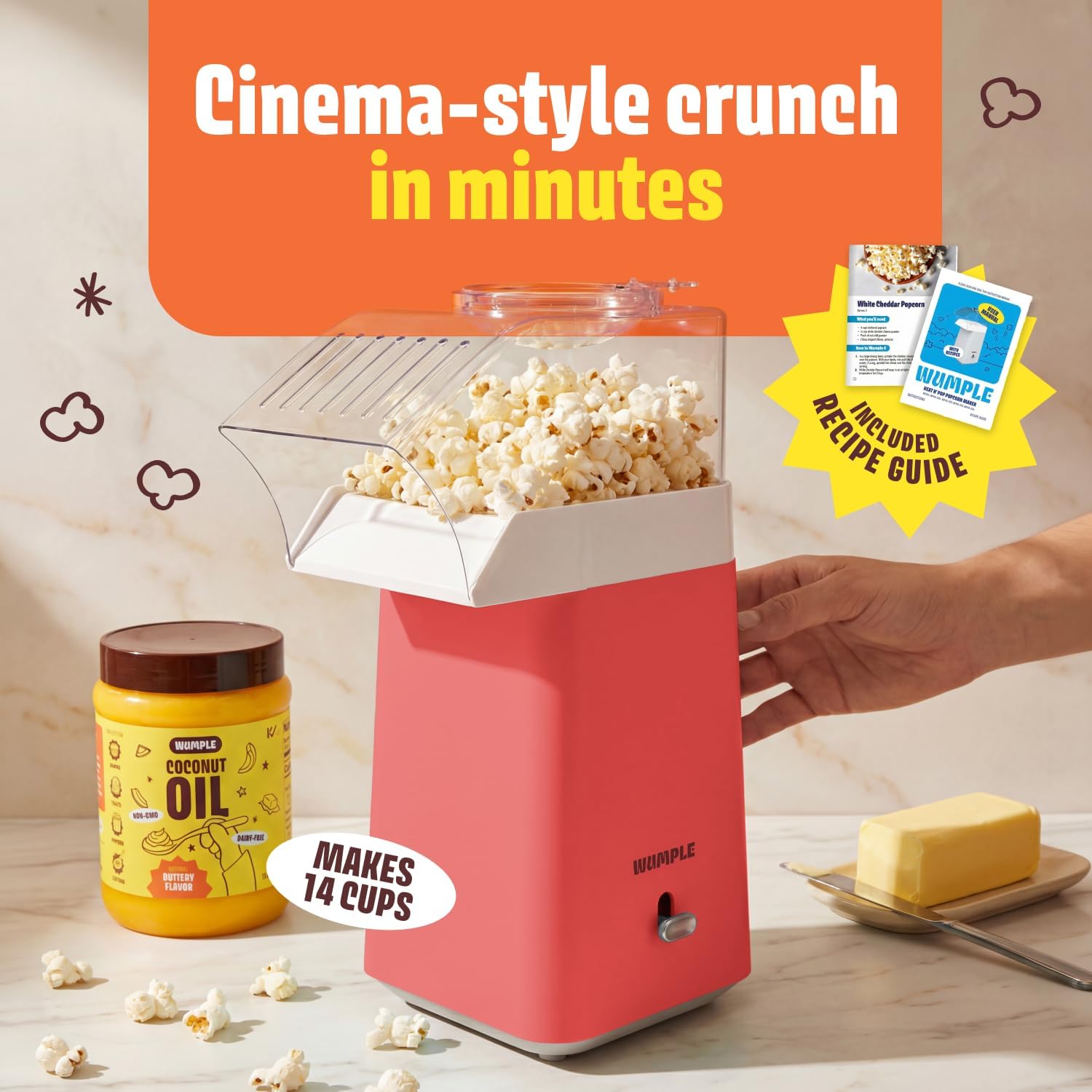 Hot Air Popcorn Machine - 14-Cup Electric Popcorn Popper, Oil-Free, 1200W - Includes Measuring Cup - Home Popcorn Maker for Movie Nights - Red