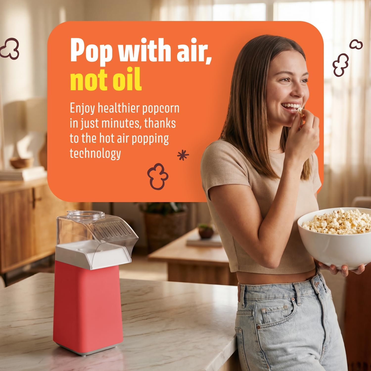 Hot Air Popcorn Machine - 14-Cup Electric Popcorn Popper, Oil-Free, 1200W - Includes Measuring Cup - Home Popcorn Maker for Movie Nights - Red