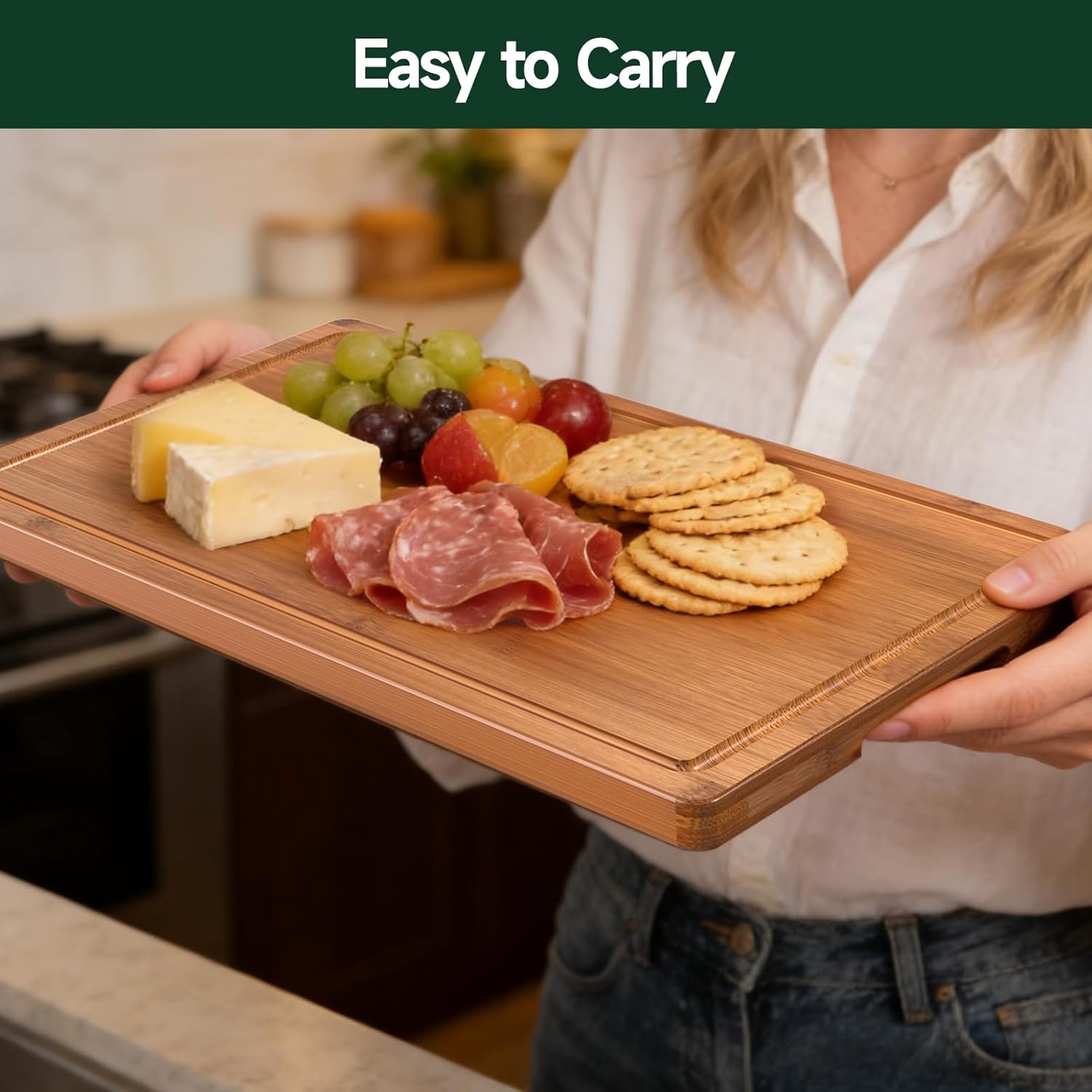3-Piece Set Bamboo Cutting Board for Kitchen - Crack-Resistant Wood Chopping Boards with Deep Juice Grooves, Pre-Oiled Butcher Block for Meat, Vegetables & Cheese, Carbonized